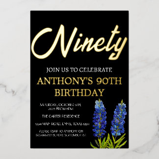 Bluebonnets Floral 90. Geburtstag Black Gold Texas Folieneinladung