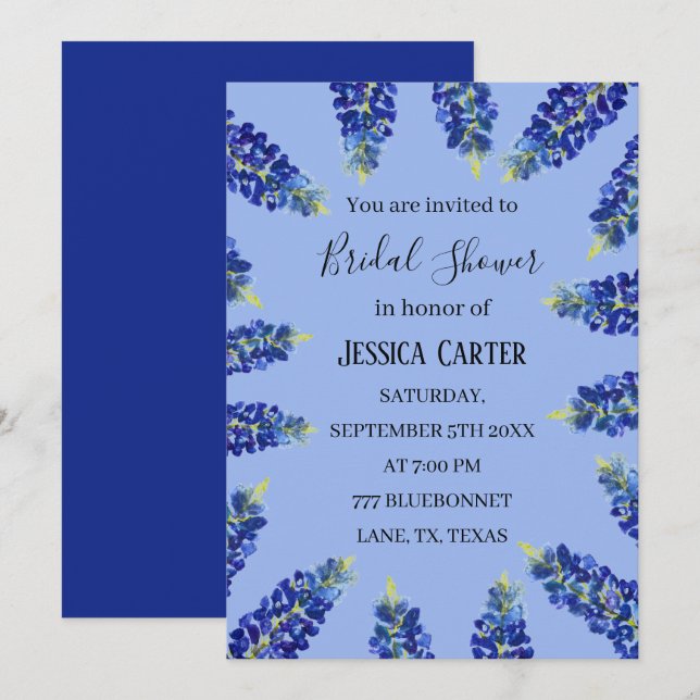 Bluebonnets Floral Watercolor Boho Brautparty Einladung (Vorne/Hinten)
