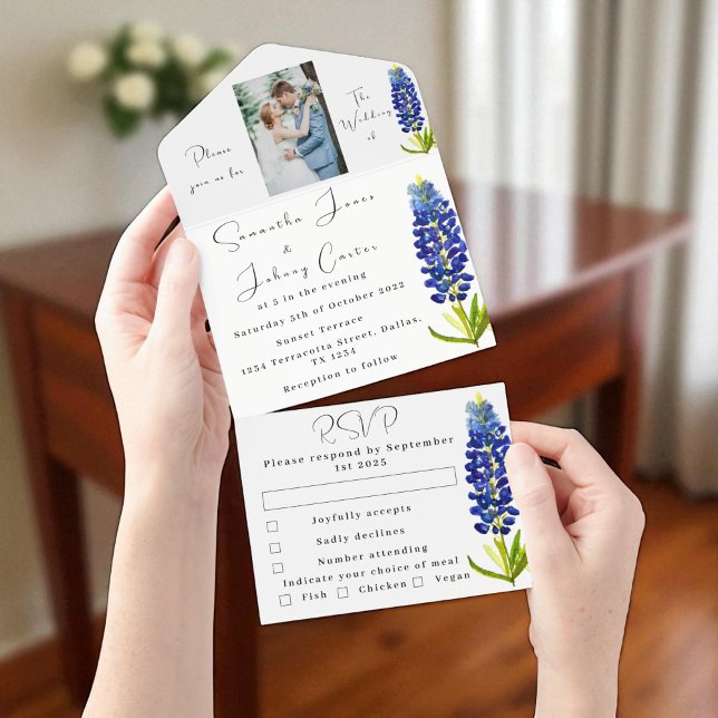 Bluebonnets Texas Blue Floral Foto Wedding All In One Einladung (Von Creator hochgeladen)