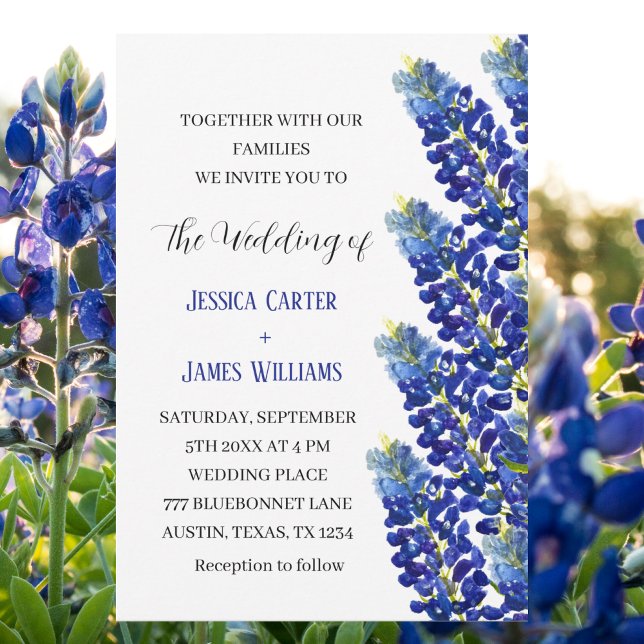 Bluebonnets Texas Blue Watercolor Floral Wedding Einladung (Von Creator hochgeladen)