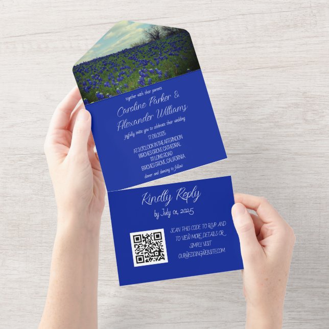 Bluebonnets Texas Texan Eleganter QR Code Wedding All In One Einladung (Abreißen)