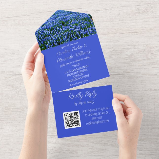 Bluebonnets Texas Texan Eleganter QR Code Wedding All In One Einladung (Abreißen)