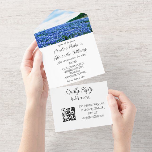Bluebonnets Texas Texan Eleganter QR Code Wedding  All In One Einladung (Abreißen)