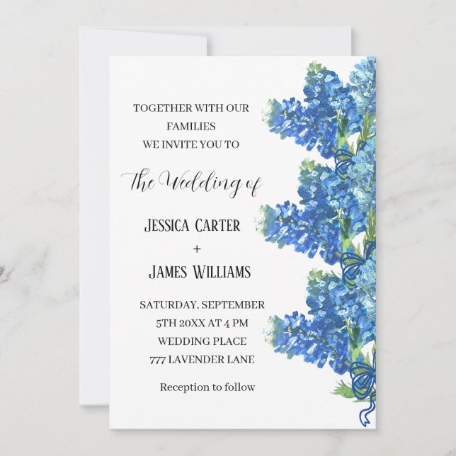 Bluebonnets Texas Watercolor Floral Wedding Einladung (Vorderseite)