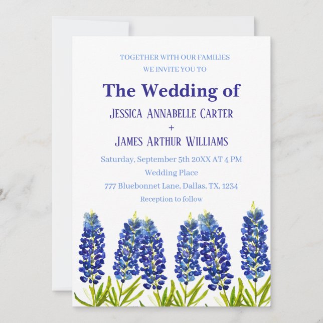 Bluebonnets Texas Watercolor Floral Wedding Einladung (Vorderseite)