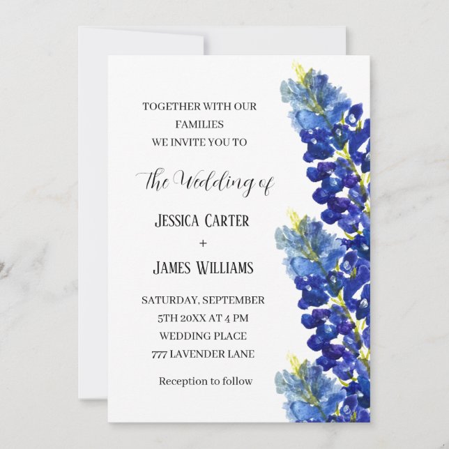 Bluebonnets Texas Watercolor Floral Wedding Einladung (Vorderseite)