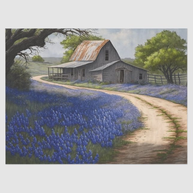 Bluebonnets und alter Stall in Texas Decoupage Seidenpapier (Vorderseite)