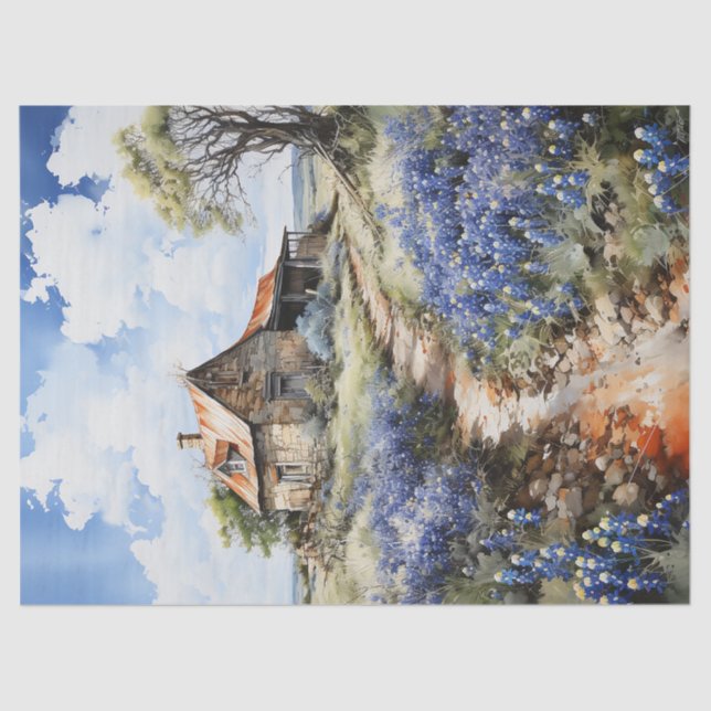 Bluebonnets und alter Stall in Texas Decoupage Seidenpapier (Vorderseite)