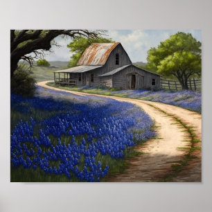 Bluebonnets und alter Stall in Texas Poster