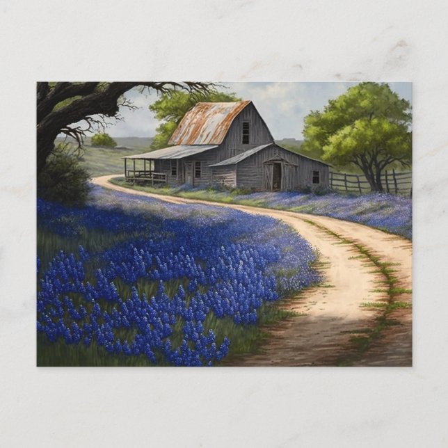 Bluebonnets und alter Stall in Texas Postkarte (Vorderseite)