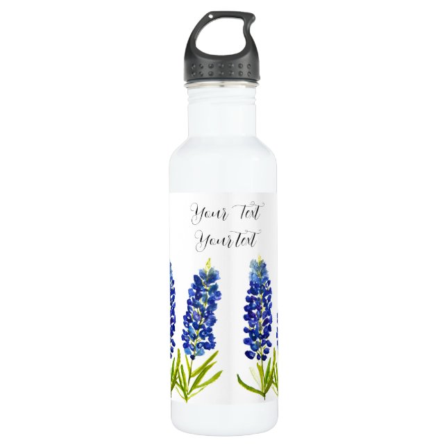 Bluebonnets Watercolor Blue Blume Floral Wedding Edelstahlflasche (Vorderseite)