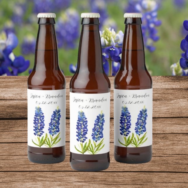 Bluebonnets Watercolor Blue Flower Floral Wedding Bierflaschenetikett (Von Creator hochgeladen)