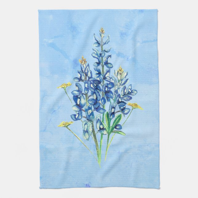 Bluebonnets zum blauen Hintergrund Geschirrtuch (Vertikal)