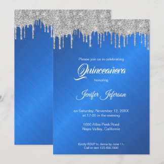 BlueGlitter Silber Tropfen Quinceanera Einladung