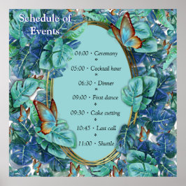 Blueish Turquoise Monstera Blätter & Butterfliegen Poster