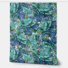 Blueish Turquoise Monstera Blätter & Butterfliegen Tapete