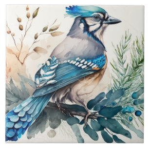 Bluejay in einer Aquarellfarbe Fliese