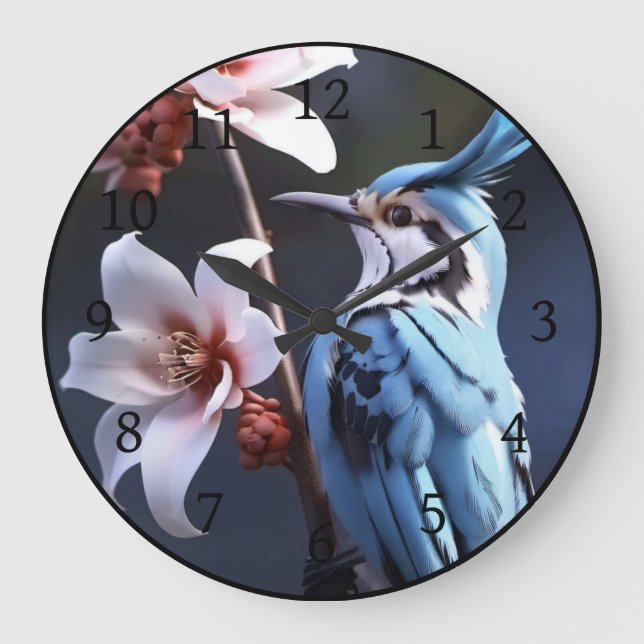 Bluejay und Blume Große Wanduhr (Vorderseite)