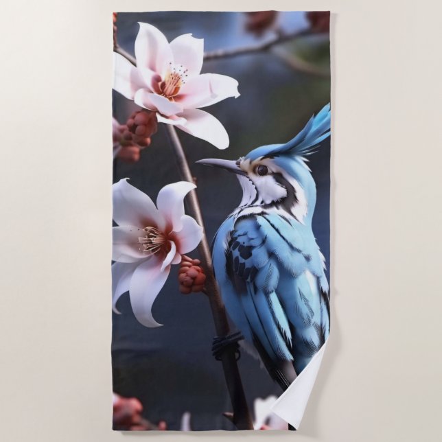 Bluejay und Blume Strandtuch (Vorderseite)