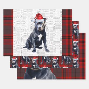 Bluenose Pitbull Christmas Dog Red Gray Kariert Geschenkpapier Set