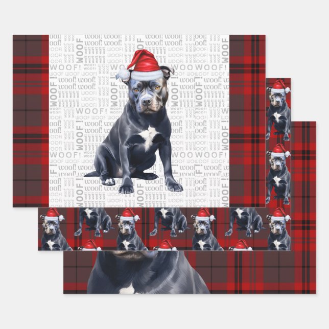 Bluenose Pitbull Christmas Dog Red Gray Kariert Geschenkpapier Set (Set)