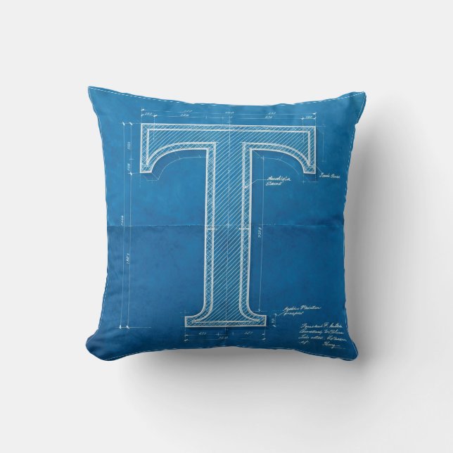 Blueprint Monogram Letter T Kissen (Vorderseite)