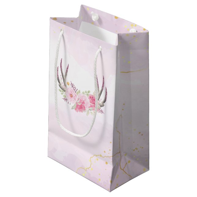 Blues-Antlers Blush Pink & Gold Girl's Birthday Kleine Geschenktüte (Vorderseite Schrägansicht)