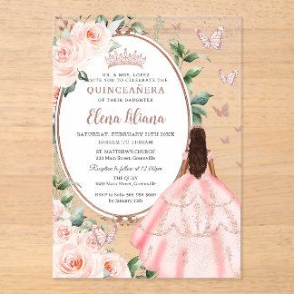 Blues Floral Brocess Rose Gold Quinceañera Acryleinladungen