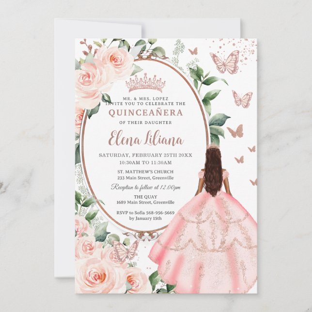 Blues Floral Brocess Rose Gold Quinceañera Einladung (Vorderseite)