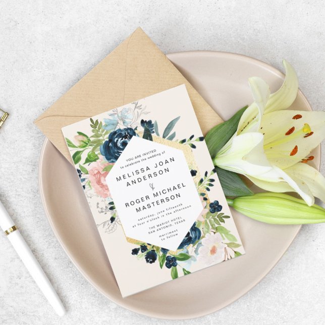 Blues gold florale Hochzeit Einladung (Von Creator hochgeladen)