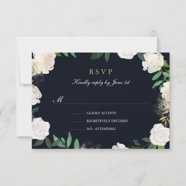 Blues Leaf Blush Navy Gold Hochzeit RSVP (Vorderseite)