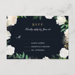 Blues Leaf Blush Navy Gold Hochzeit RSVP Karte