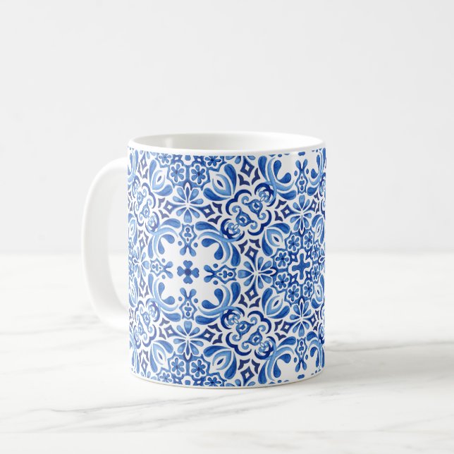 Blues mediterrane Aquarellbilder auf Weiß Kaffeetasse (Vorderseite Links)