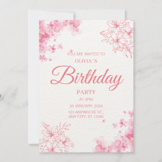 Blues Pink Watercolor Floral Geburtstagsparty Einladung