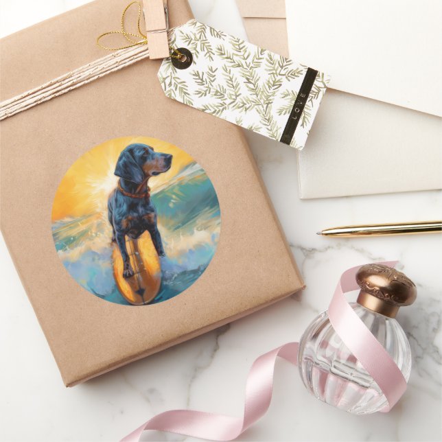 Bluetick Coonhound Beach Surfmalerei Runder Aufkleber (Schenken)