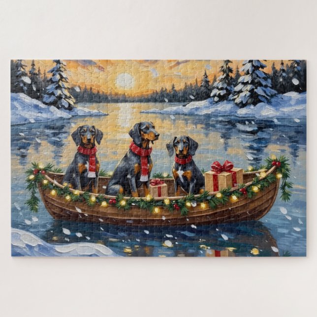 Bluetick Coonhound Christmas Boat Holiday Puzzle (Horizontal)