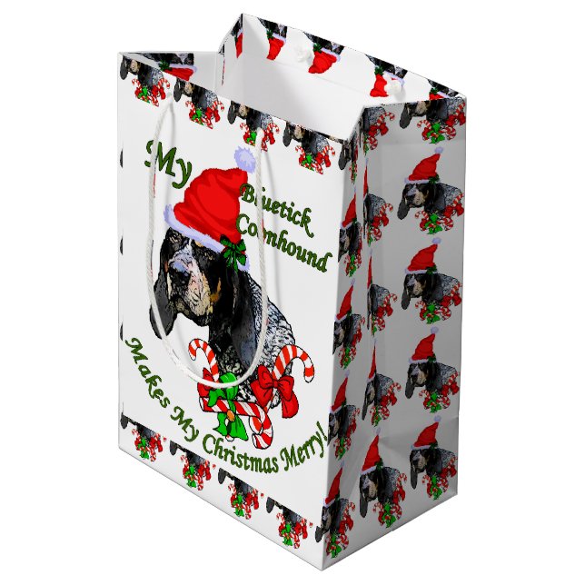 Bluetick Coonhound Christmas Mittlere Geschenktüte (Rückseite Schrägansicht)
