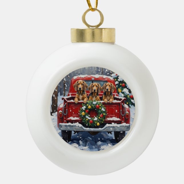 Bluetick Coonhound Christmas Red Truck Holiday Keramik Kugel-Ornament (Vorderseite)