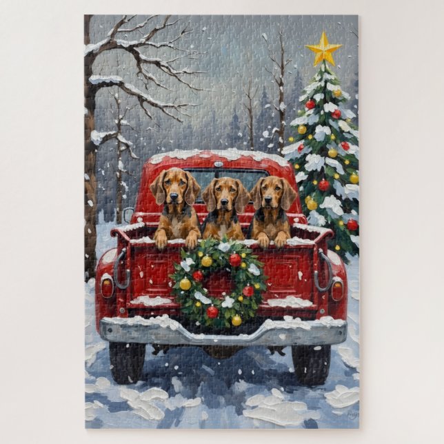 Bluetick Coonhound Christmas Red Truck Holiday Puzzle (Vertikal)