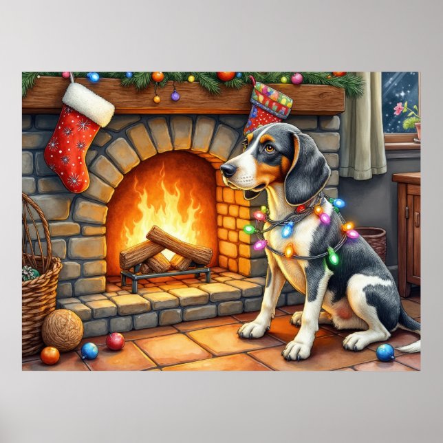 Bluetick Coonhound Fireplace with Christmas Lights Poster (Vorne)