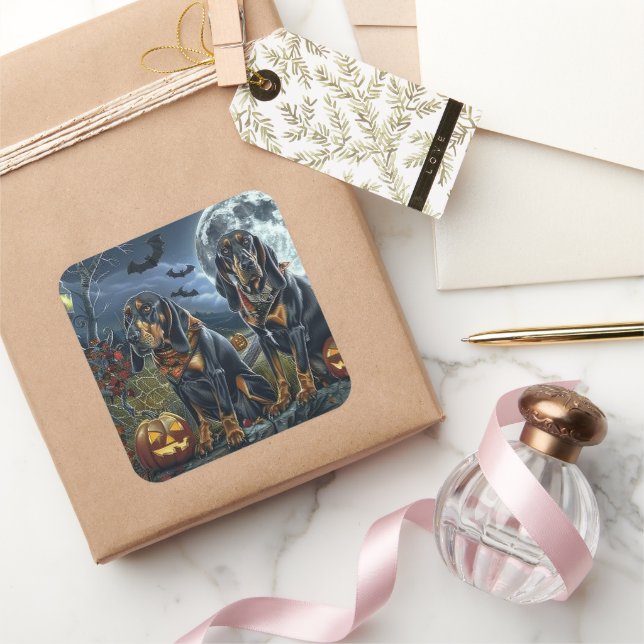 Bluetick Coonhound Halloween Spooky Quadratischer Aufkleber (Schenken)