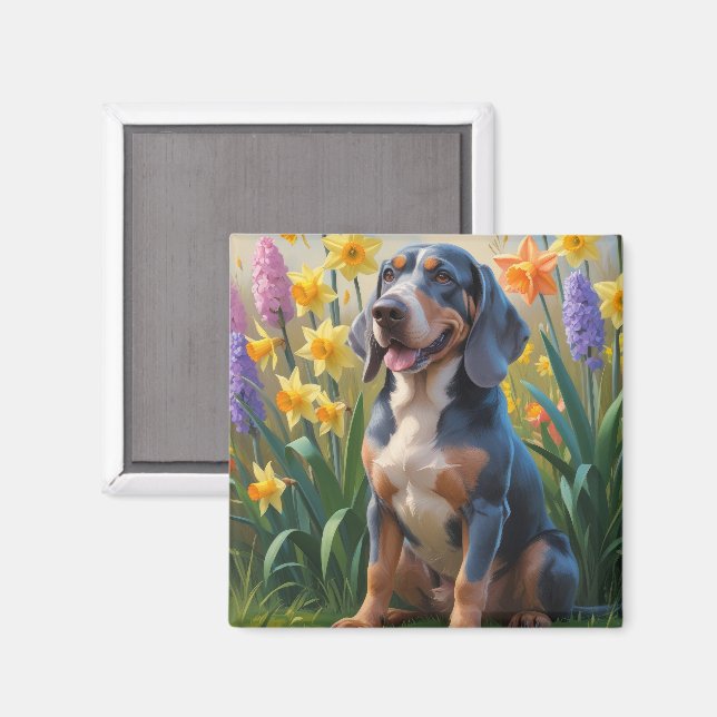 Bluetick Coonhound Hund Frühlingsblumen Malerei Magnet (Vorderseite/Rückseite)