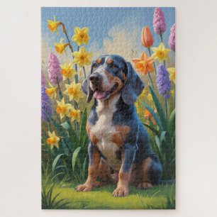 Bluetick Coonhound Hund Frühlingsblumen Malerei Puzzle