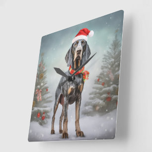 Bluetick Coonhound Hund im Schnee Weihnachten Quadratische Wanduhr