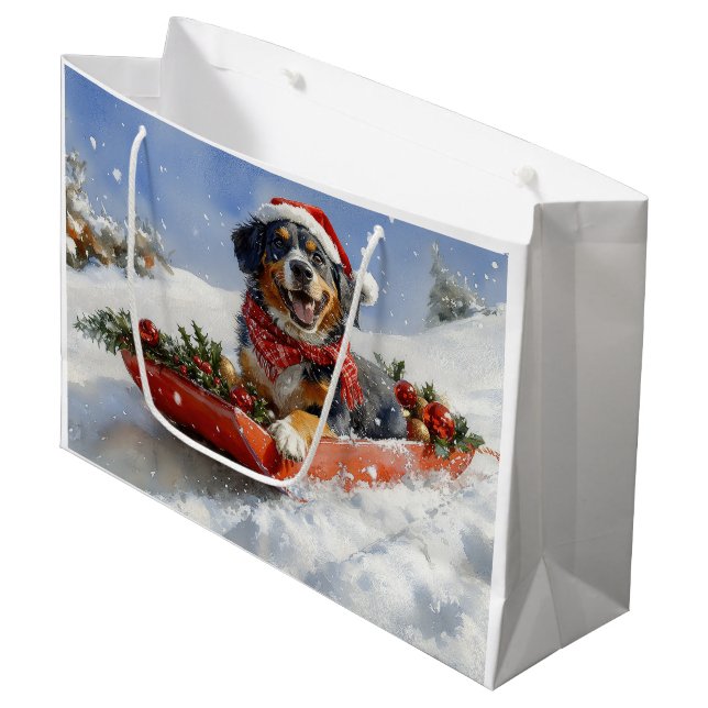 Bluetick Coonhound Hund in Sledge Weihnachten Große Geschenktüte (Vorderseite Schrägansicht)