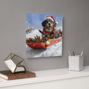 Bluetick Coonhound Hund in Sledge Weihnachten Quadratische Wanduhr