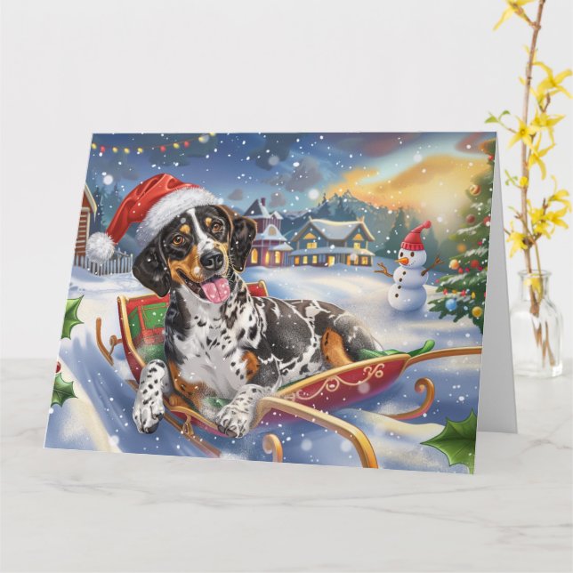 Bluetick Coonhound Hund in Sleigh Snow Weihnachten Karte (Gelbe Blume)