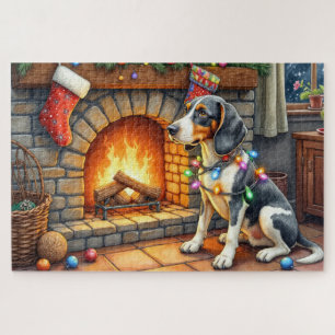 Bluetick Coonhound Kamin mit Weihnachtslichtern Puzzle