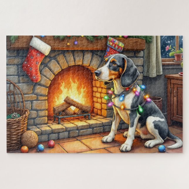 Bluetick Coonhound Kamin mit Weihnachtslichtern Puzzle (Horizontal)