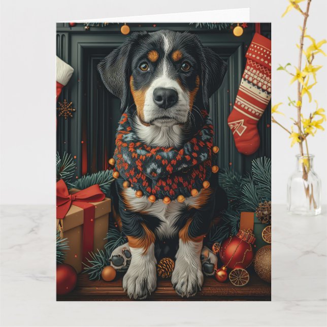 Bluetick Coonhound mit Weihnachtsgeschenken Feuerp Karte (Gelbe Blume)